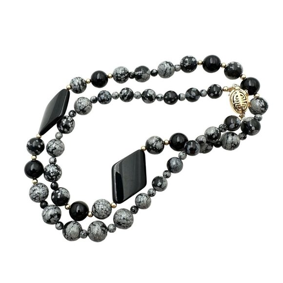 10K Gold Snowflake Obsidian Gemstone Bead 22 Inch Necklace Chinese Clasp - Picture 2 of 3